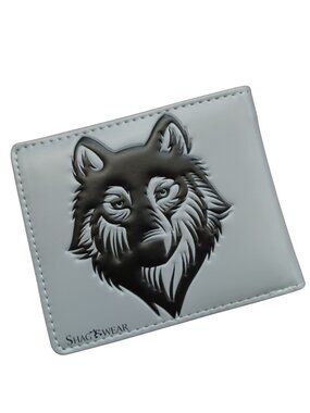 Shag Wear Embossed Wolf Face in Black on light Gray background bifold wallet
